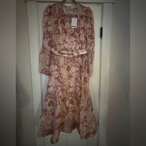Zimmermann Midi Dress with Dusty Rose Floral Print/Coral Habiscus